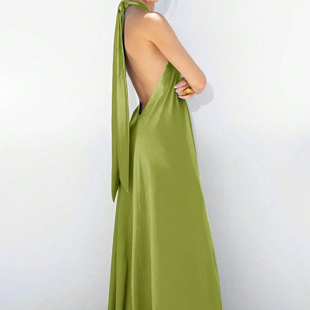 Green Casual Women's O-Ring Sleeveless Self-Tie Halter Backless Maxi Dress - Picture 2 of 5